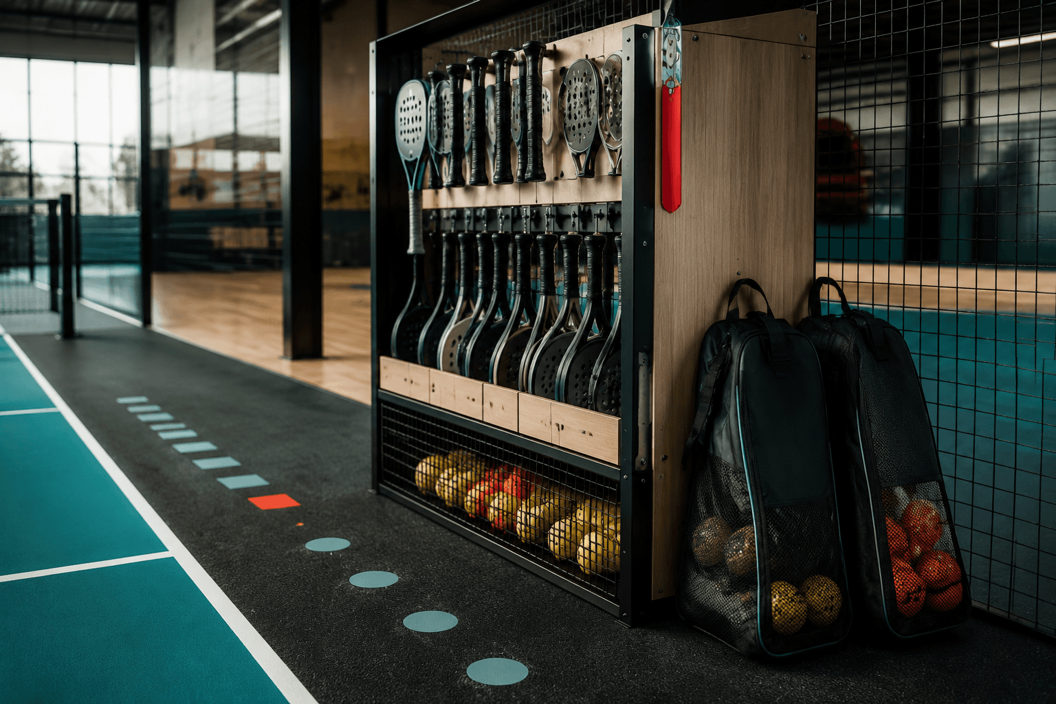 Indoor court-side racket rack with ball basket, kit bags and rubber-floor markings, generated with gpt-image-2